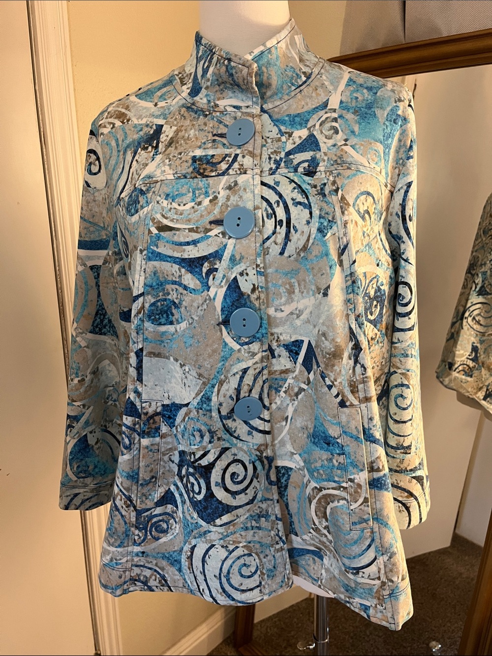 Dolcezza Wearable Art Abstract Blue & Cream Button-Front Stand-Collar Jacket